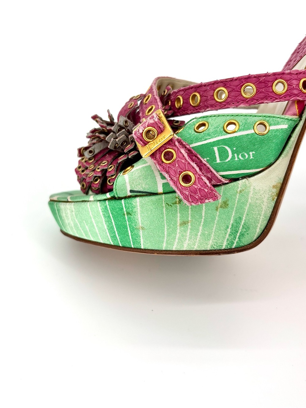 Dior John Galliano Vintage Koi Green Floral Print Platform Mules 35.5 - Picture 7 of 10
